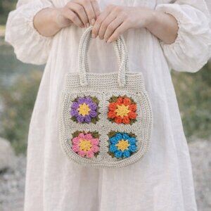 Handmade Crochet Granny Square Popcorn Stitch Floral Mini Handbag | Cottagecore